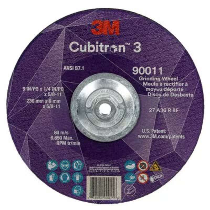 3M™ Cubitron™ 3 Depressed Center Grinding Wheel, 90011, 36+, T27, 9 x 1/4 x 5/8in-11, ANSI, 10 per Case