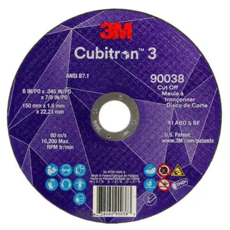 3M™ Cubitron™ 3 Cut-Off Wheel, 90038, 60+, T1, 6 x 0.045 x 7/8in, ANSI, 25 per Packages, 2 Packages per Case