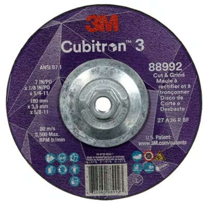3M™ Cubitron™ 3 Cut and Grind Wheel, 88992, 36+, T27, 7 x 1/8 x 5/8in-11, ANSI, 10 per Case