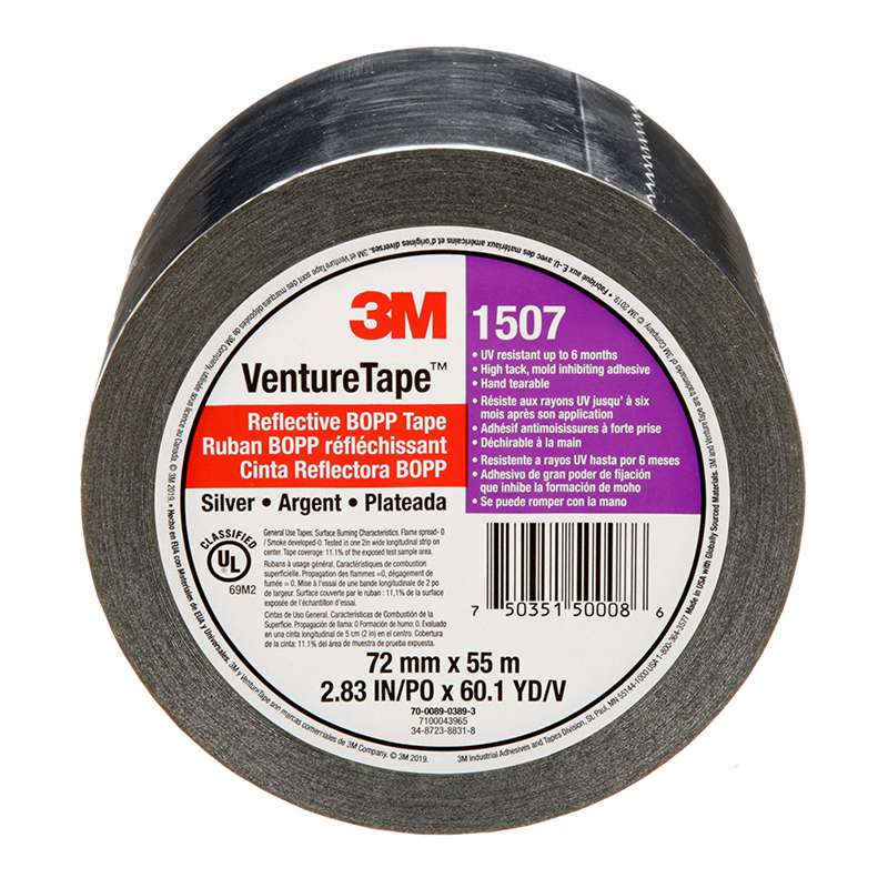 3M™ Venture Tape™ Reflective BOPP Tape 1507, Silver, 72 mm x 55 m, 16 rolls per case