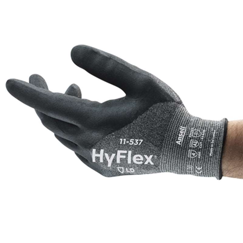 gray glove with black palm on hand