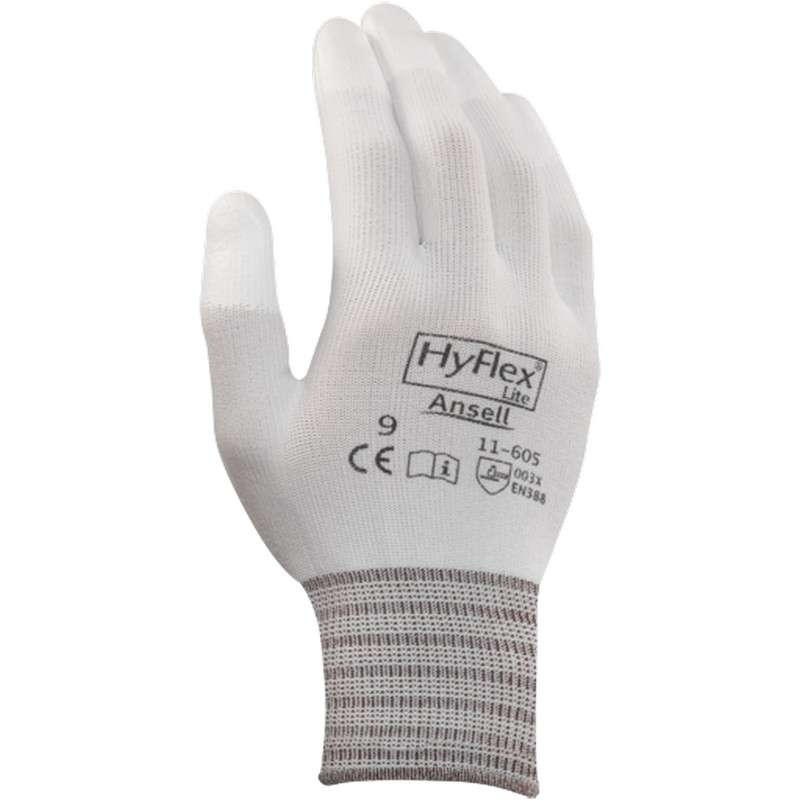 HyFlex® Powder Free Coated White 15mil Polyurethane Glove, Medium, 9" Long, 12-Pair per Bag