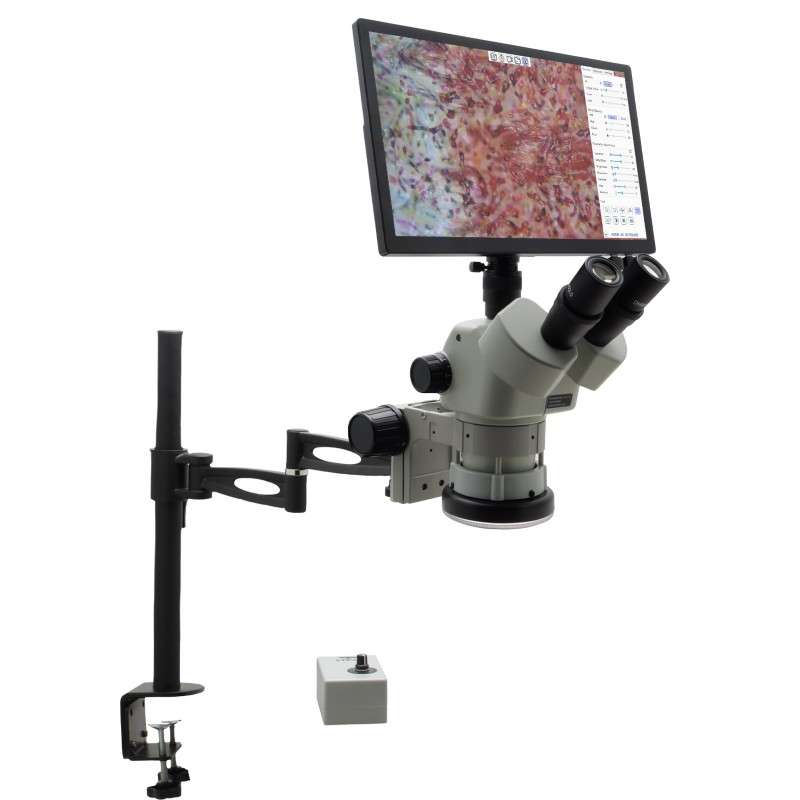 Microscope, 50X, Compact Articulating Arm Stand, w/Mighty Cam Eidos 4K XL Camera/Monitor, Stereo Zoom Series
