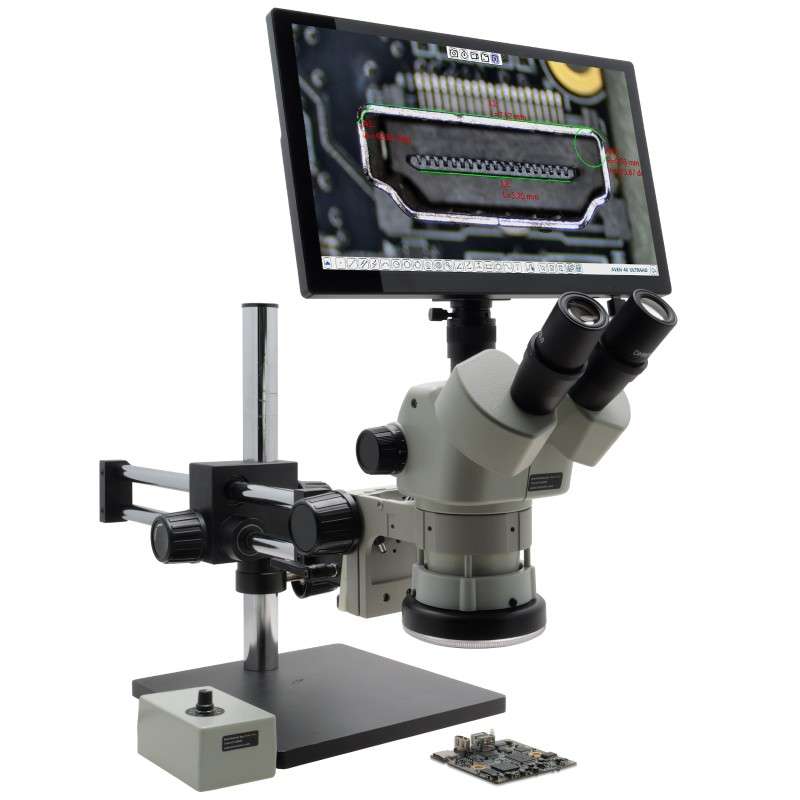 Microscope, 50X, Double Arm Boom Stand, w/Mighty Cam Eidos 4K XL Camera/Monitor, Stereo Zoom Series