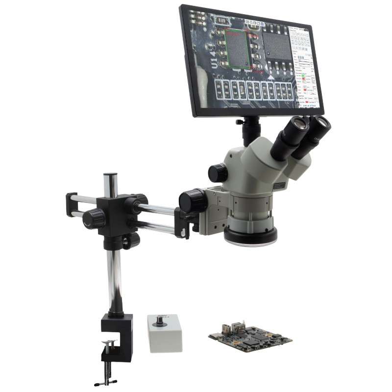 Microscope, 50X, Double Arm Boom Stand with Table Clamp, w/Mighty Cam Eidos 4K XL Camera/Monitor, Stereo Zoom Series