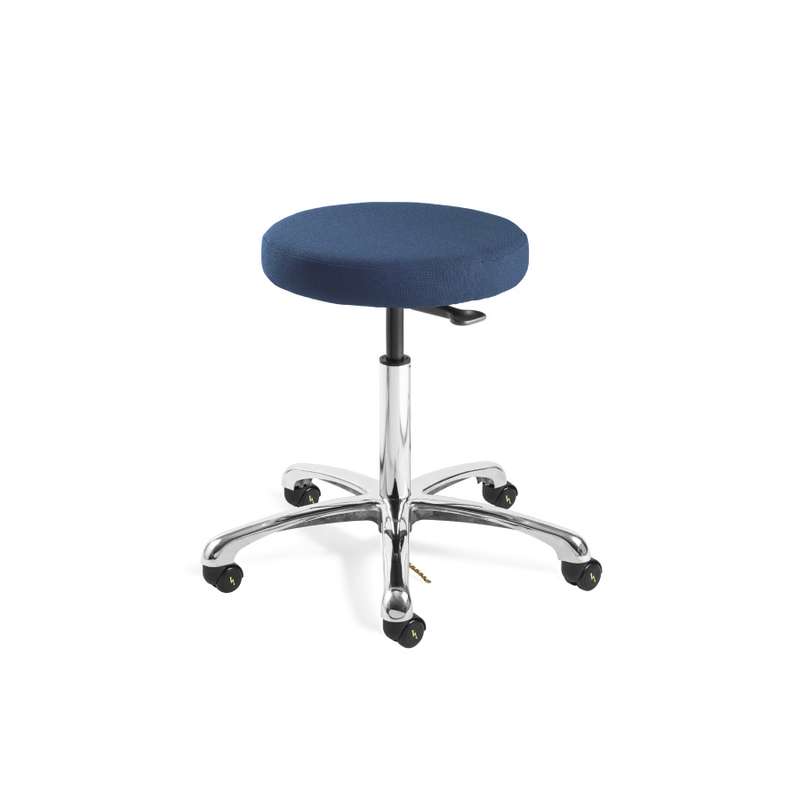Versa Desk Height ESD Navy Fabric Backless Stool, Polished Aluminum Base, ESD Dual Wheel Hard Floor Casters