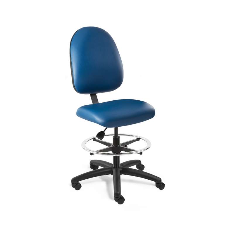 Integra Mid Height Blue Vinyl Chair, Large Back, Non-Tilt, Black Nylon Base with Adjustable Footring, Dual Wheel Hard Floor Casters