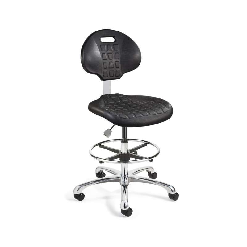 Everlast Mid Height Black Polyurethane Chair, Non-Tilt, Polished Aluminum Base with Adjustable Footring, Interval Braking Casters