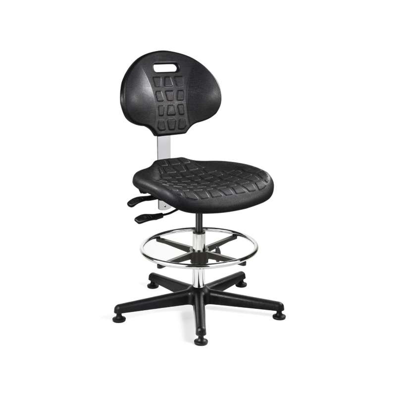 Everlast ISO 4 Cleanroom Black Polyurethane Chair, Articulating Seat and Back Tilt, Black Nylon Base, 18" Adj. Chrome Footring, Mushroom Glides, 21"-31" Seat Height Adj.