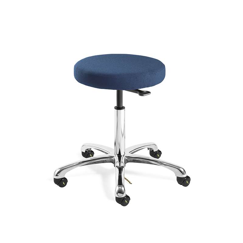 Versa Mid Height ESD Navy Fabric Backless Stool, Polished Aluminum Base, ESD Dual Wheel Hard Floor Casters