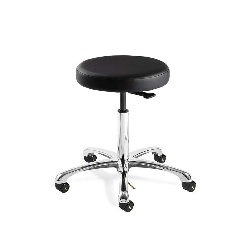 Versa Mid Height ESD Black Vinyl Backless Stool, Polished Aluminum Base, ESD Dual Wheel Hard Floor Casters
