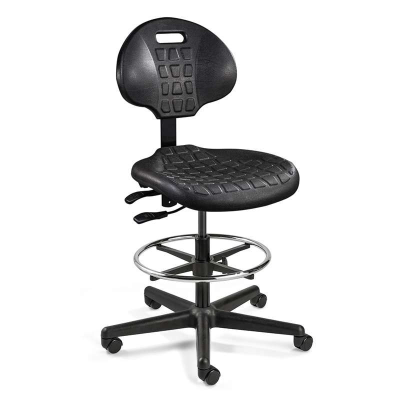 Everlast Mid Height Black Polyurethane Chair, Articulating Seat & Back Tilt, Black Nylon Base with Adjustable Footring, Dual Wheel Hard Floor Casters