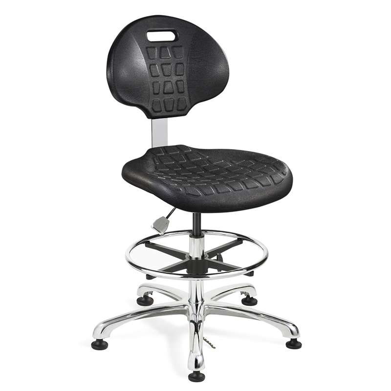 Everlast Tall Height ESD Black Polyurethane Chair, Non-Tilt, Polished Aluminum Base with Adjustable Footring