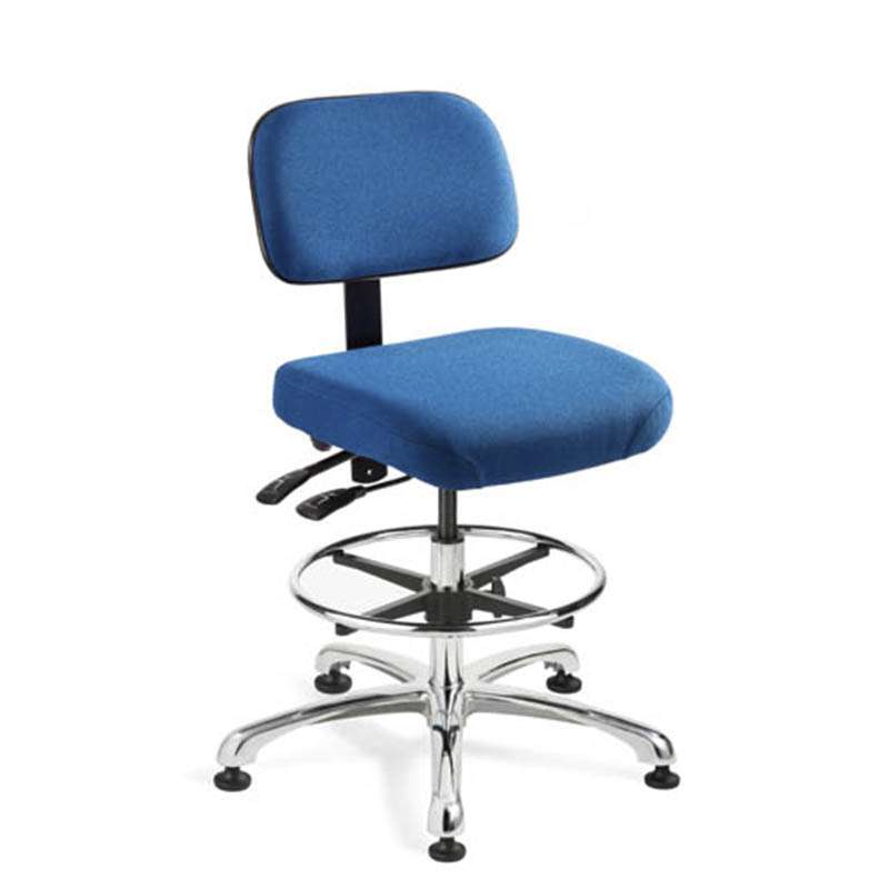 Doral ESD Upholstered Navy Fabric Chair, Non-Tilt, Polished Aluminum Base with Chrome ESD Footring and ESD Interval Braking Casters, 22.5-32.5"