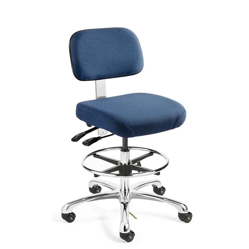 Doral Tall Height ESD Navy Blue Fabric Chair, Articulating Seat & Back Tilt, Polished Aluminum Base