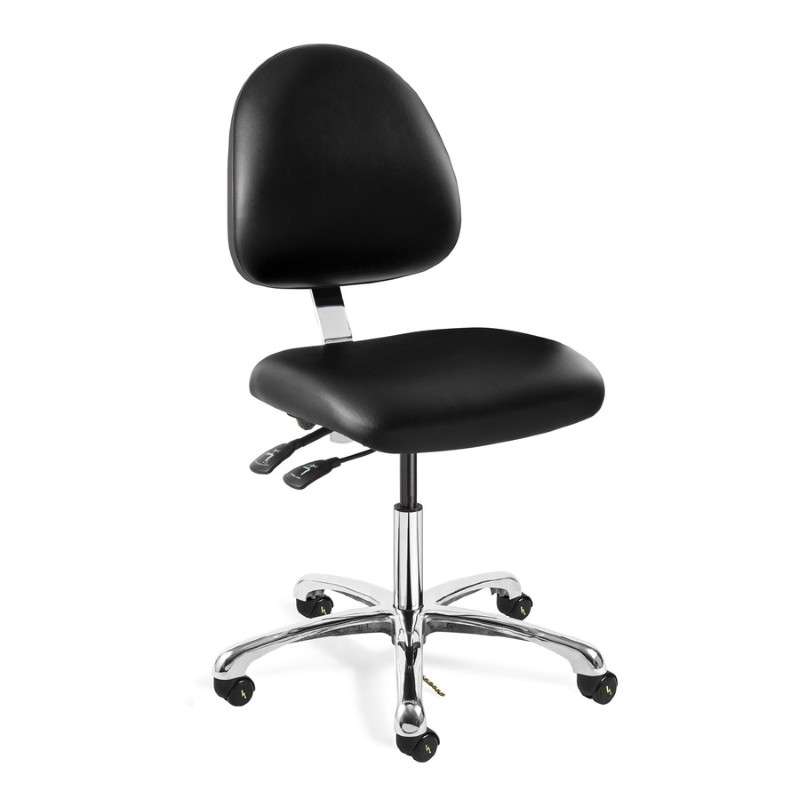 Integra Desk Height ESD/ISO 7 Cleanroom Black Vinyl Chair; Medium Back; Articulating Seat & Back Tilt; Polished Aluminum Base; ESD Casters
