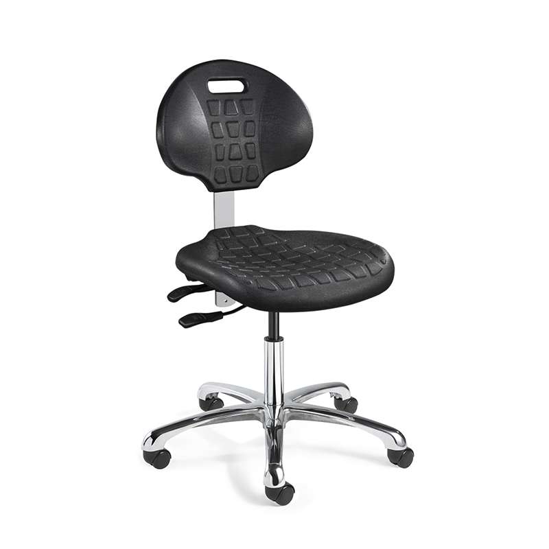 Everlast Desk Height Black Polyurethane Chair, Articulating Seat & Back Tilt, Polished Aluminum Base, Dual Wheel Hard Floor Casters