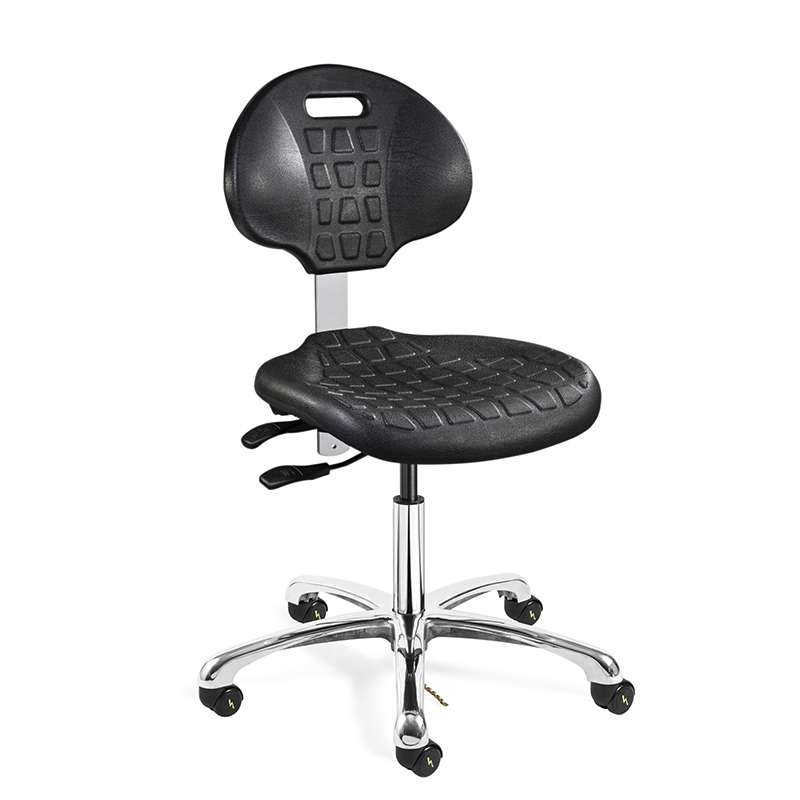 Everlast Desk Height ESD Black Polyurethane Chair, Articulating Seat & Back Tilt, Polished Aluminum Base, Dual Wheel Hard Floor Casters