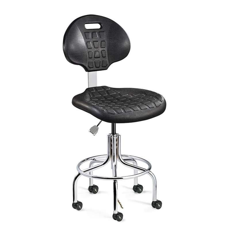Everlast Mid Height ESD Black Polyurethane Chair, Non-Tilt, Chrome Tubular Steel Base with Welded Footring, ESD Dual Wheel Hard Floor Casters