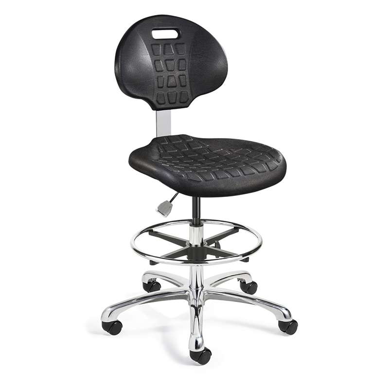 Everlast Mid Height Black Polyurethane Chair, Non-Tilt, Polished Aluminum Base with Adjustable Footring, Dual Wheel Hard Floor Casters