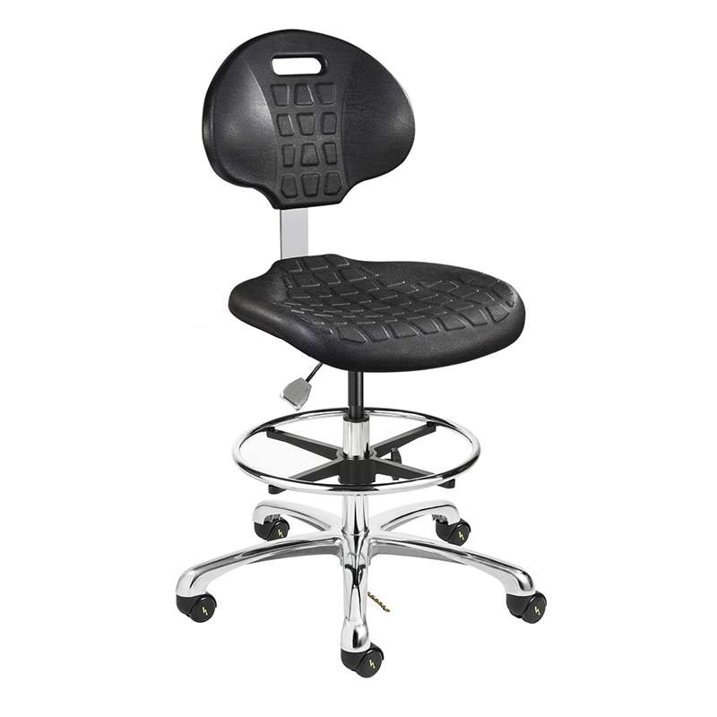 Everlast Mid Height ESD Black Polyurethane Chair, Non-Tilt, Polished Aluminum Base with Adjustable Footring, ESD Dual Wheel Hard Floor Casters