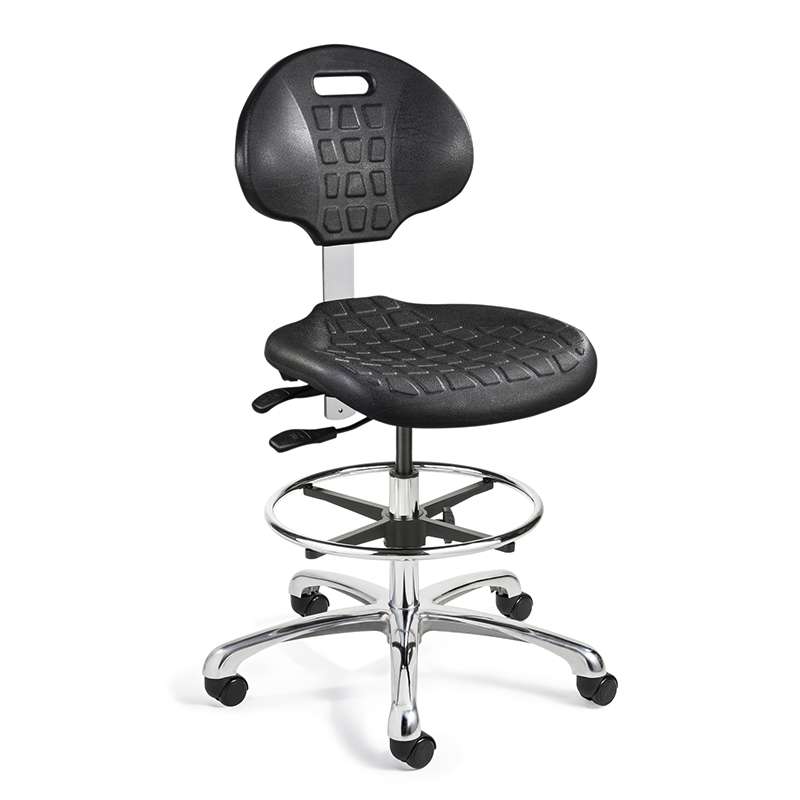 Everlast Mid Height Black Polyurethane Chair, Articulating Seat & Back Tilt, Polished Aluminum Base with Adjustable Footring, Dual Wheel Hard Floor Casters