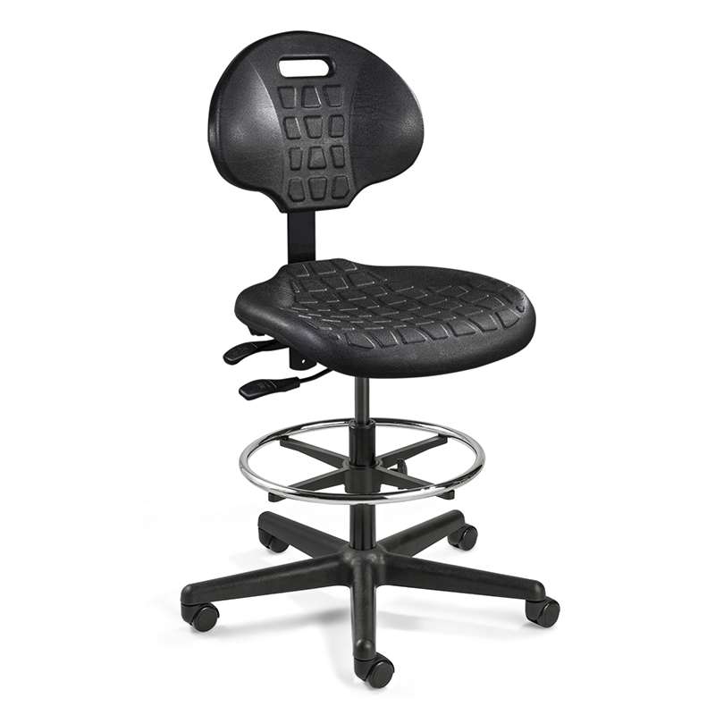 Everlast Tall Height Black Polyurethane Chair, Articulating Seat & Back Tilt, Black Nylon Base with Adjustable Footring, Dual Wheel Hard Floor Casters