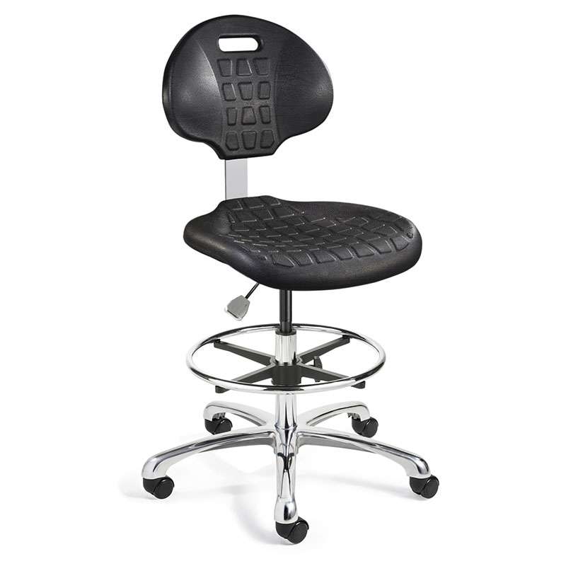 Everlast Tall Height Black Polyurethane Chair, Non-Tilt, Polished Aluminum Base with Adjustable Footring, Dual Wheel Hard Floor Casters
