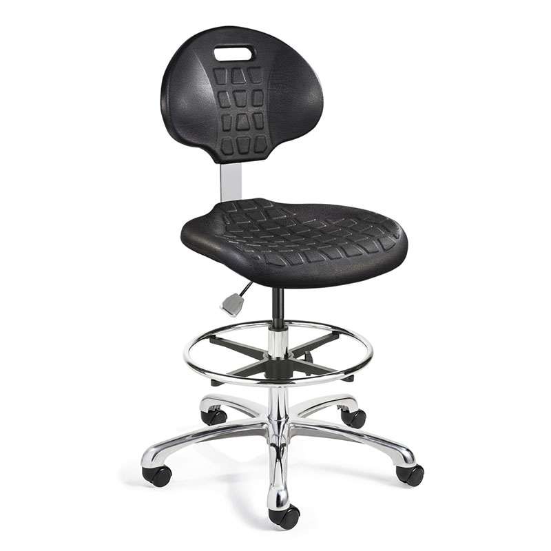 Everlast Tall Height Black Polyurethane Chair, Non-Tilt, Polished Aluminum Base with Adjustable Footring, Reverse Braking Casters