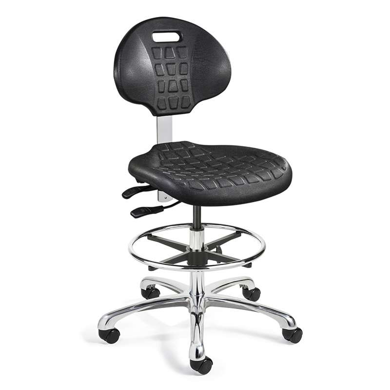 Everlast Tall Height Black Polyurethane Chair, Articulating Seat & Back Tilt, Polished Aluminum Base with Adjustable Footring, Dual Wheel Hard Floor Casters