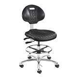 Everlast Tall Height ESD Black Polyurethane Chair, Articulating Seat & Back Tilt, Polished Aluminum Base with  Adjustable Footring, ESD Dual Wheel Hard Floor Casters redirect to product page