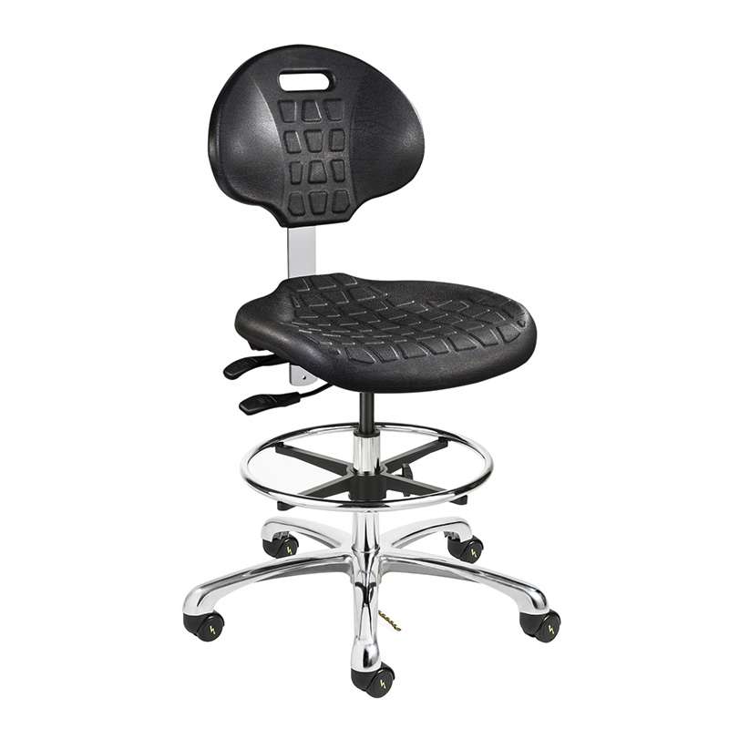 Everlast Tall Height ESD Black Polyurethane Chair, Articulating Seat & Back Tilt, Polished Aluminum Base with  Adjustable Footring, ESD Dual Wheel Hard Floor Casters