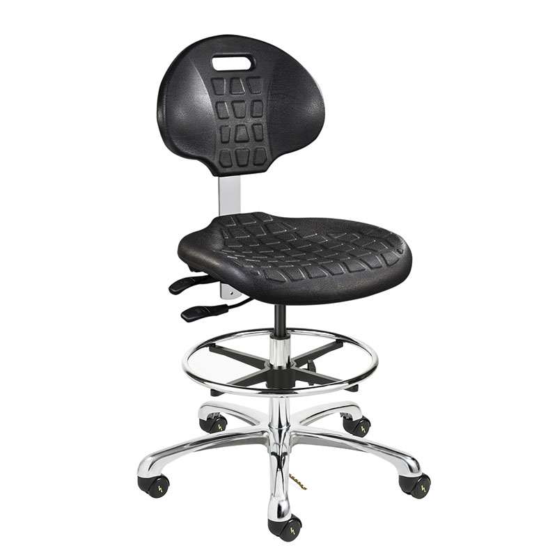 Everlast Tall Height ESD Black Polyurethane Chair, Independent Seat & Back Tilt, Polished Aluminum Base with Adjustable Footring, ESD Dual Wheel Hard Floor Casters