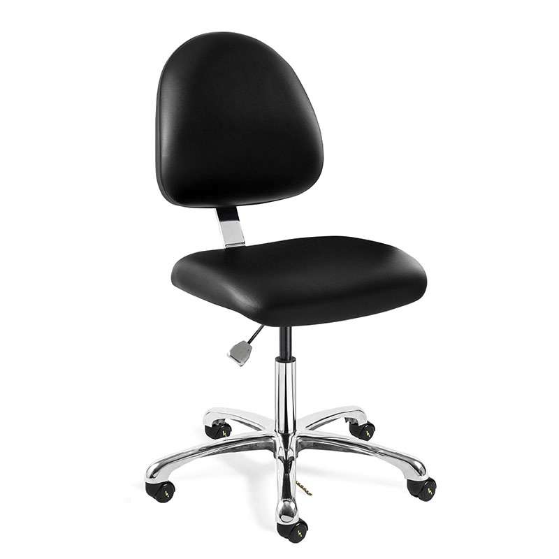 Integra Desk Height ESD/ISO6 Cleanroom Black Vinyl Chair, Medium Back, Non-Tilt, Polished Aluminum Base, Dual ESD Wheel Dual Wheel Hard Floor Casters