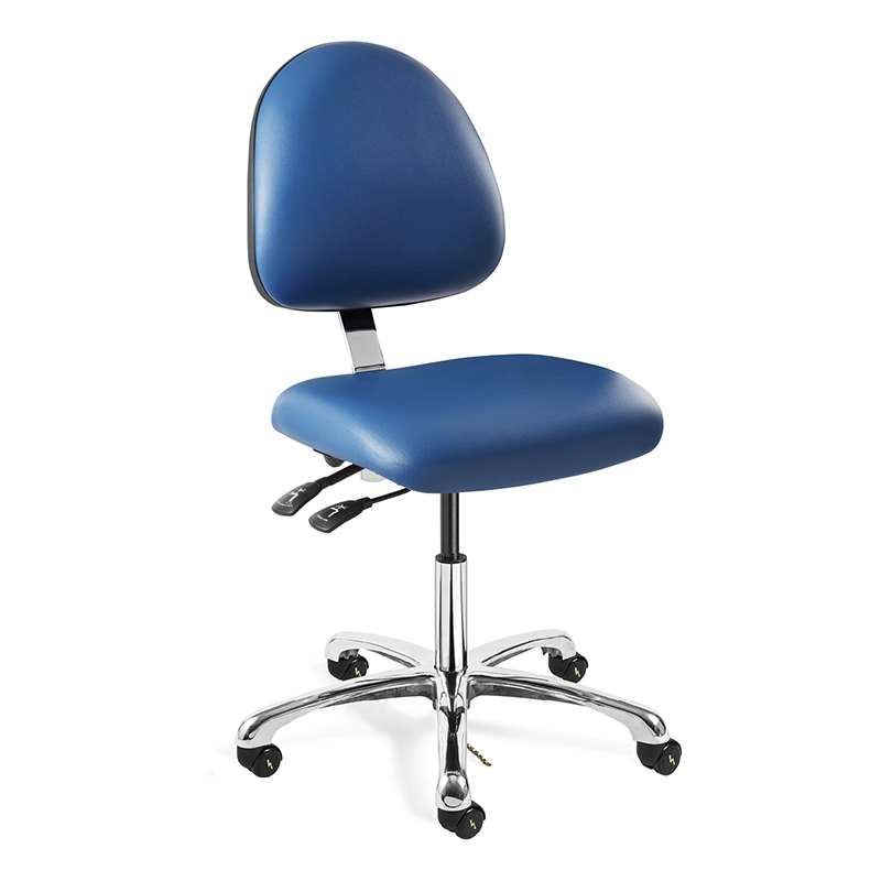 Integra Desk Height ESD Blue Vinyl Fabric Chair, Medium Back, Articulating Seat & Back Tilt, Polishe