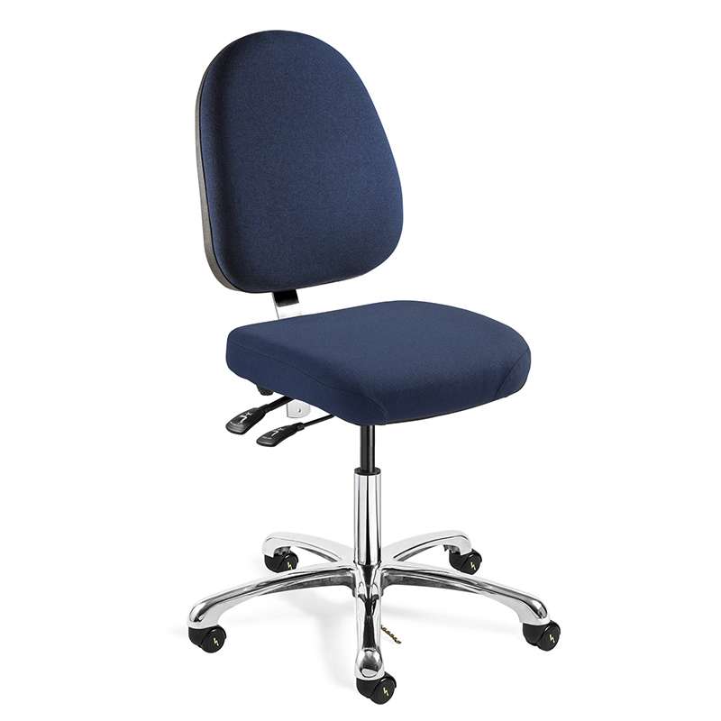 Integra Desk Height ESD Navy Blue Fabric Chair, Large Back, Articulating Seat & Back Tilt, Polished Aluminum Base, ESD Dual Wheel Hard Floor Casters