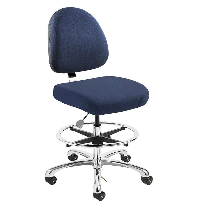 Integra Mid Height ESD Navy Blue Fabric Chair, Medium Back, Non-Tilt, Polished Aluminum Base with Adjustable Footring, ESD Dual Wheel Hard Floor Casters
