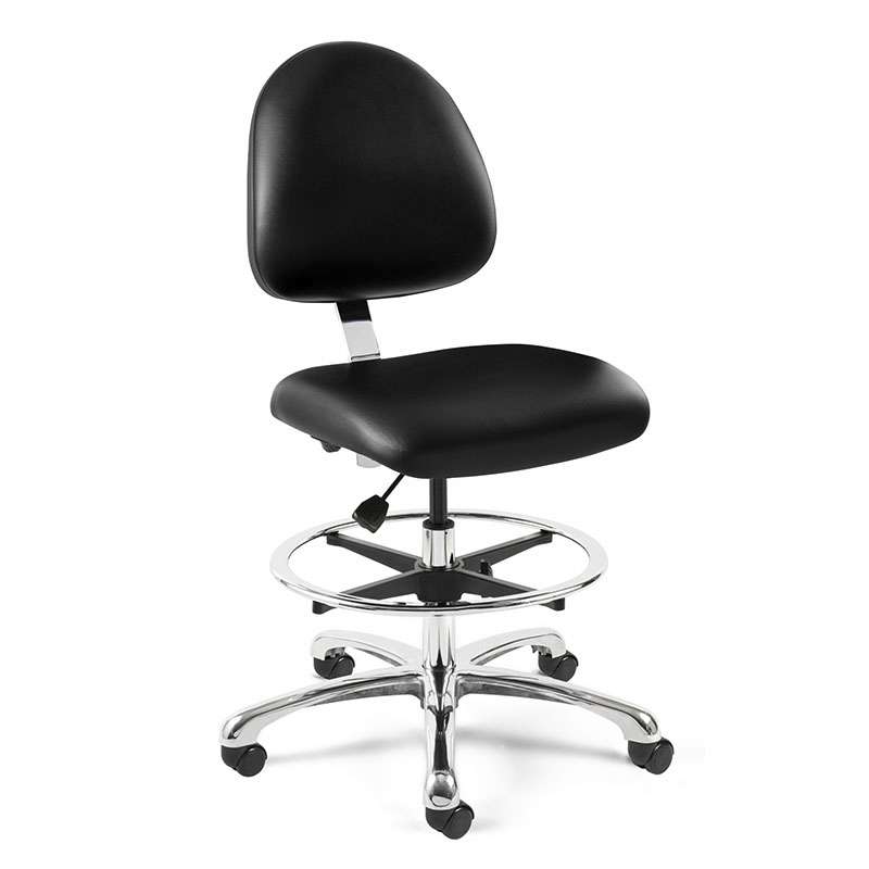 Integra Mid Height Black Vinyl Fabric Chair, Medium Back, Non-Tilt, Polished Aluminum Base with Adjustable Footring, Dual Wheel Hard Floor Casters