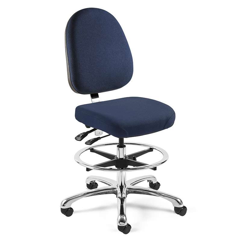 Integra Mid Height Navy Blue Fabric Chair, Large Back, Articulating Seat & Back Tilt, Polished Aluminum Base with Adjustable Footring, Dual Wheel Hard Floor Casters