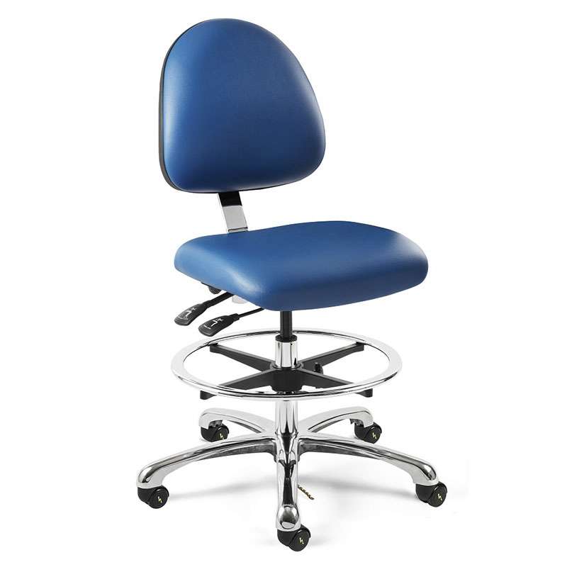 Integra Mid Height ESD Blue Vinyl Fabric Chair, Medium Back, Articulating Seat & Back Tilt, Polished Aluminum Base with Adjustable Footring, ESD Dual Wheel Hard Floor Casters