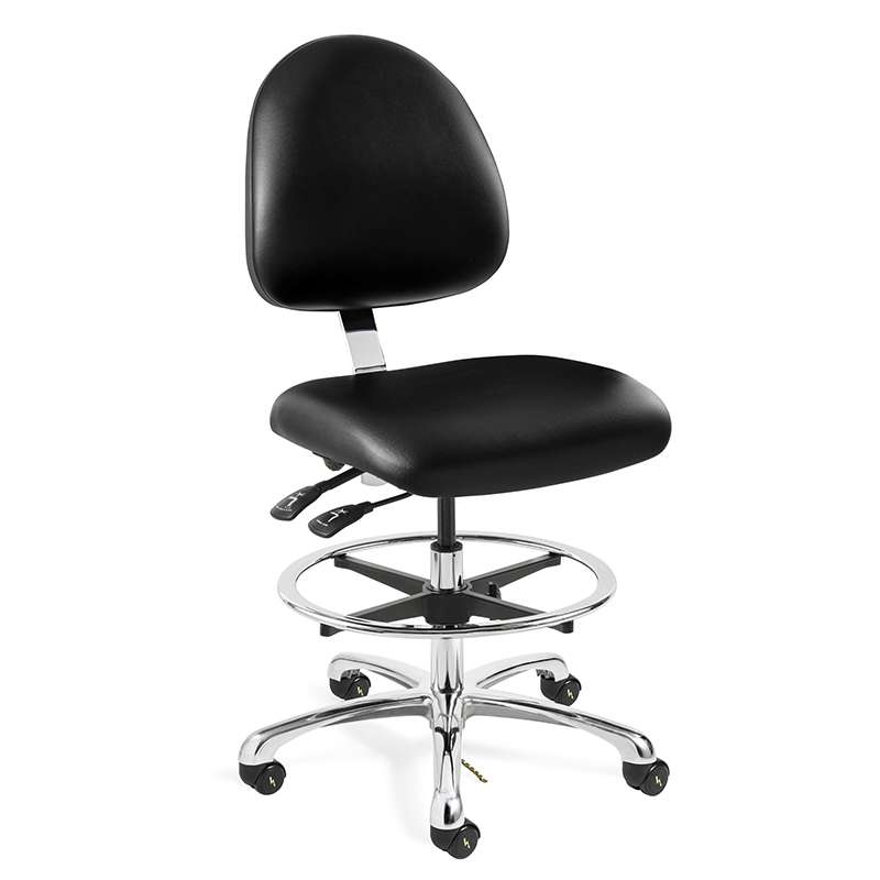 Integra Mid Height ESD Black Vinyl Fabric Chair, Medium Back, Independent Seat & Back Tilt, Polished Aluminum Base with Adjustable Footring, ESD Dual Wheel Hard Floor Casters