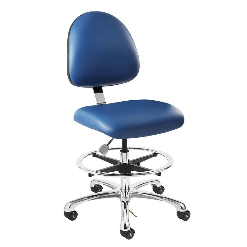 Integra Tall Height ESD/ISO7 Cleanroom Blue Vinyl Chair, Medium Back, Non-Tilt, Polished Aluminum Base with Adjustable Footring, ESD Dual Wheel Hard Floor Casters