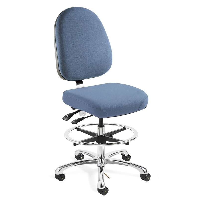 Integra Tall Height ESD Slate Blue Fabric Chair, Large Back, Articulating Seat & Back, Polished Polished Aluminum Basew with Adjustable Footring, ESD Dual Wheel Hard Floor Casters