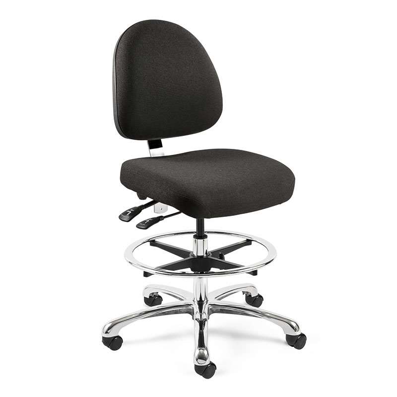 Integra Tall Height Black Fabric Chair, Medium Back, Articulating Seat & Back Tilt, Polished Aluminum Base with Adjustable Footring, Dual Wheel Hard Floor Casters