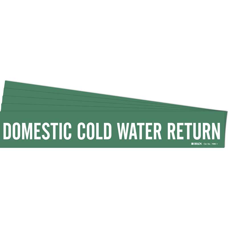 DOMESTIC COLD WATER RETURN Pipe Marker Style 1 White on Green 1 per Card, 5 PK