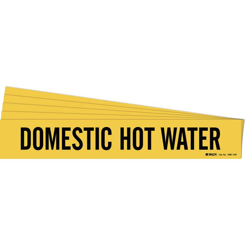 DOMESTIC HOT WATER Pipe Marker Style 1HV Black on Yellow 1 per Card, 5 PK