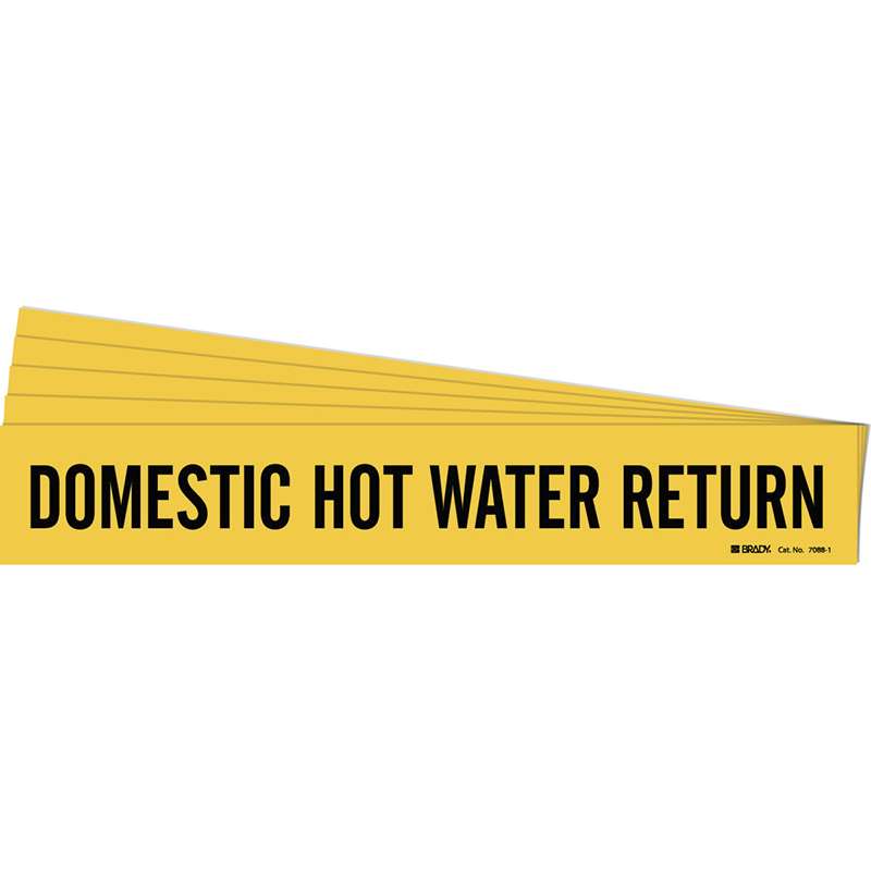 DOMESTIC HOT WATER RETURN Pipe Marker Style 1 Black on Yellow 1 per Card, 5 PK
