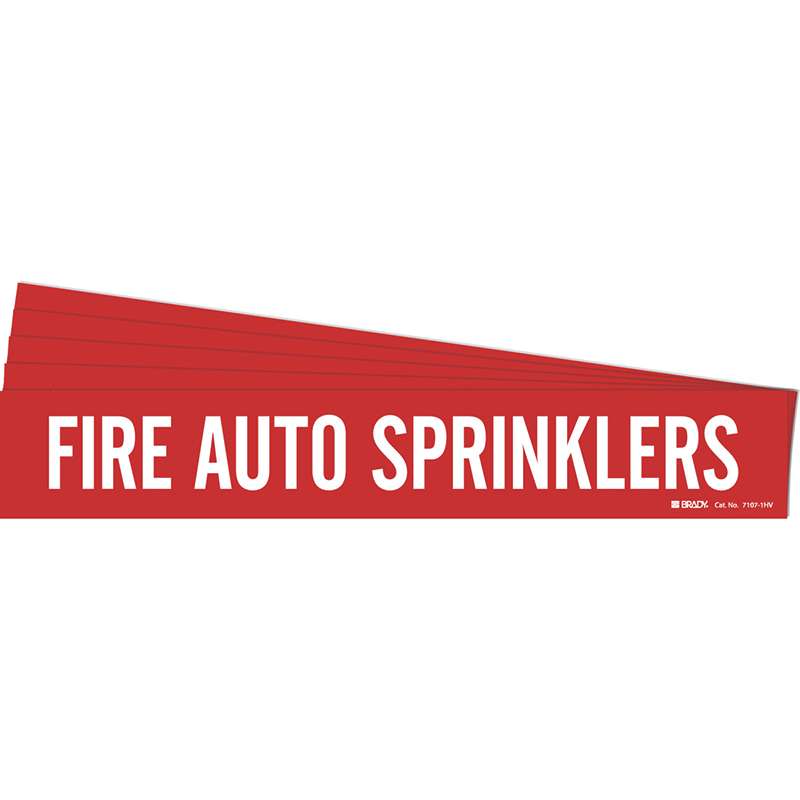FIRE AUTO SPRINKLERS Pipe Marker Style 1HV White on Red 1 per Card, 5 PK