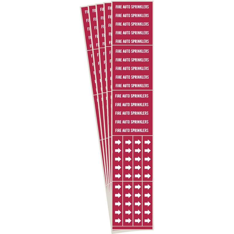 FIRE AUTO SPRINKLERS Pipe Marker Style 3C Arrows White on Red 3 per Card, 5 PK