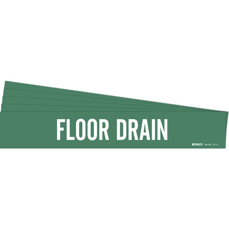FLOOR DRAIN Pipe Marker Style 1 White on Green 1 per Card, 5 PK